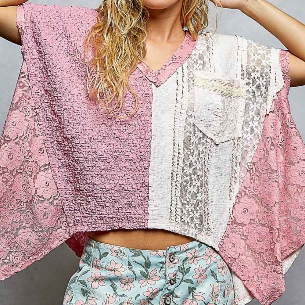 NWT POL Asymmetrical V-Neck Short Sleeve Lace Top - Picture 2 of 4